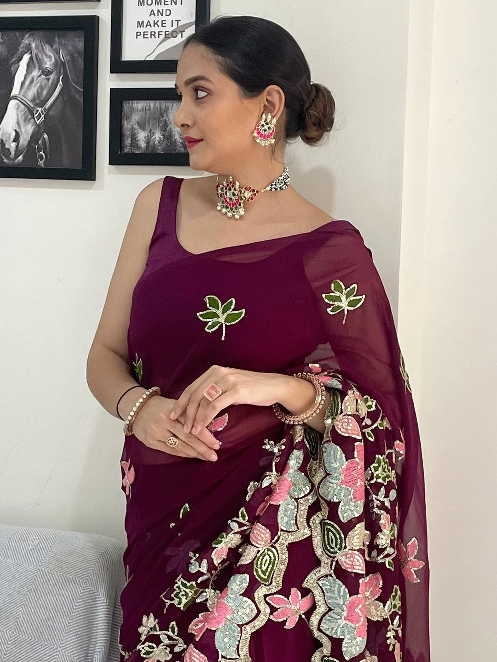 Partywear Burgundy Designer Georgette Sequins Saree - The Dori Store