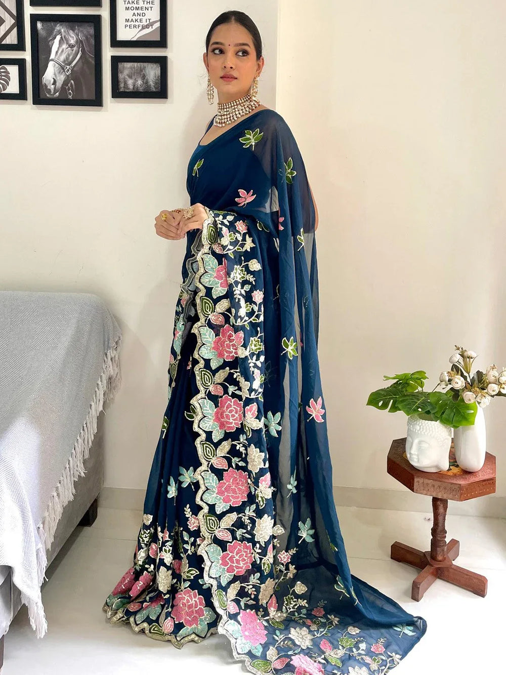 Teal Blue Party Wear Georgette Embellished Saree - The Dori Store