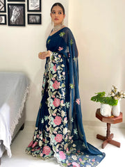 Teal Blue Party Wear Georgette Embellished Saree - The Dori Store