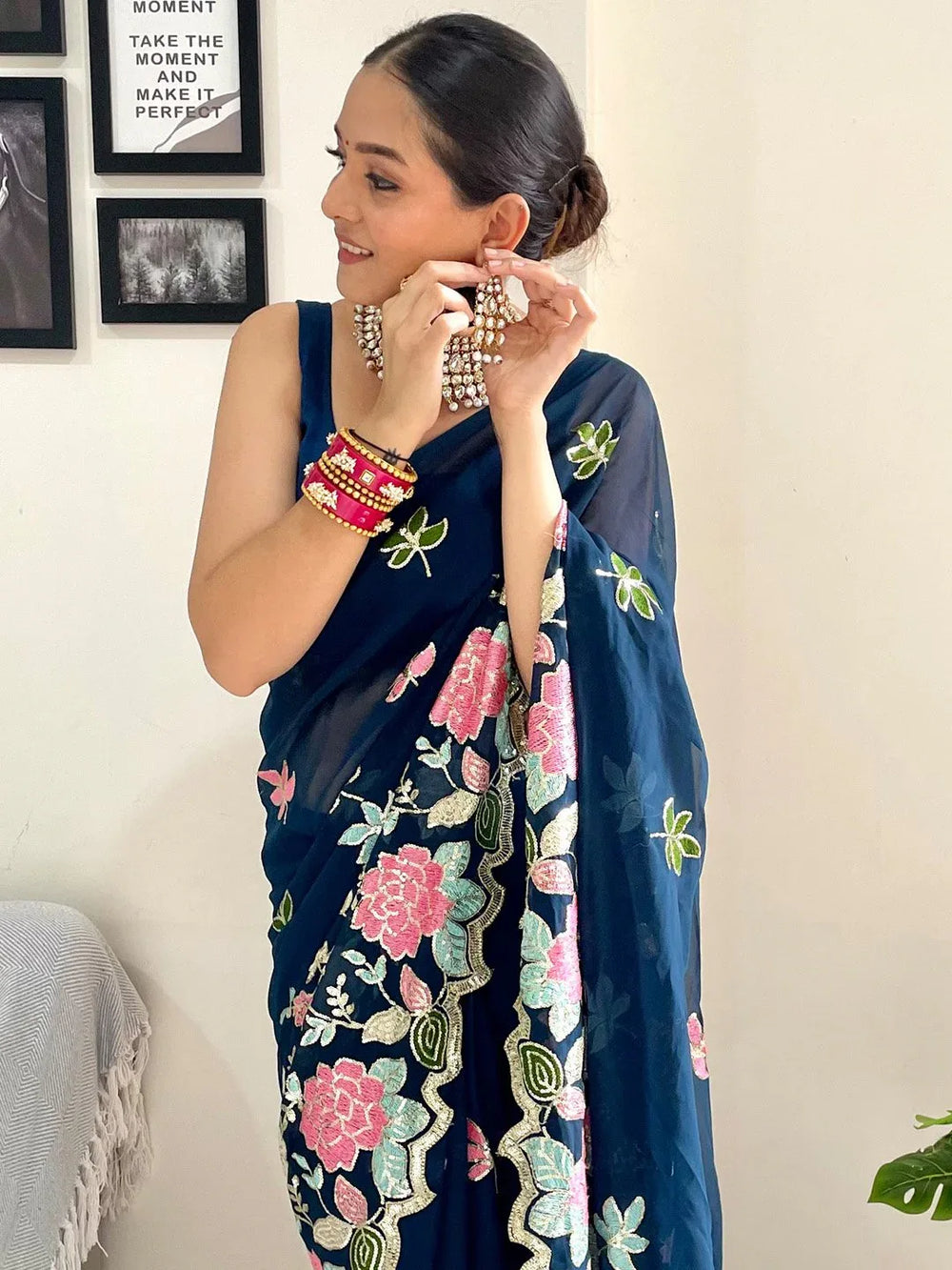 Teal Blue Party Wear Georgette Embellished Saree - The Dori Store