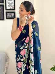 Teal Blue Party Wear Georgette Embellished Saree - The Dori Store