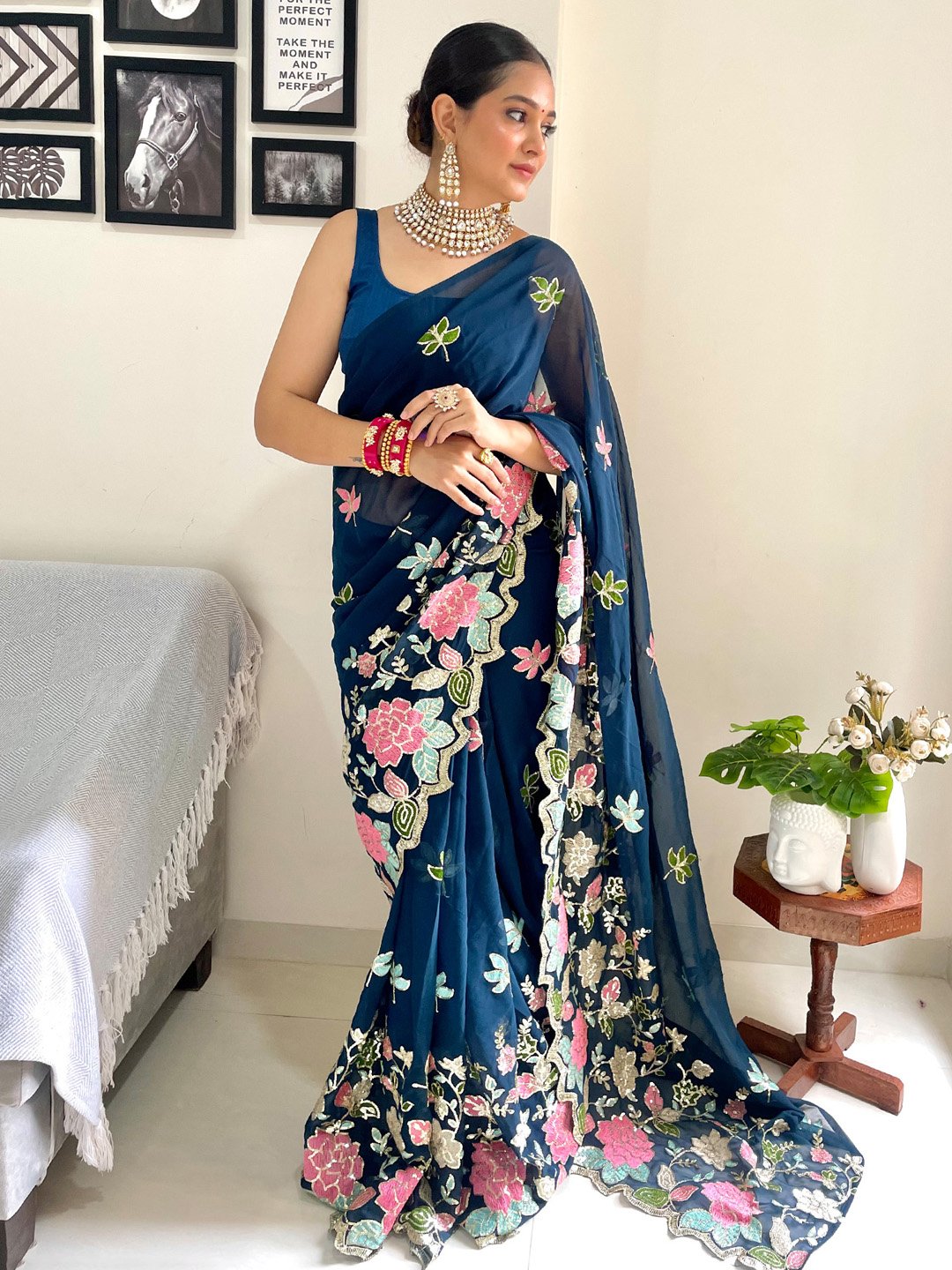 Blue Teal Party Wear Georgette Embellished Saree
