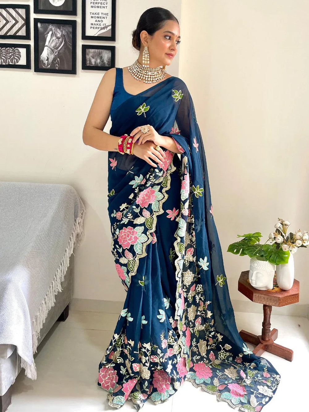 Teal Blue Party Wear Georgette Embellished Saree - The Dori Store