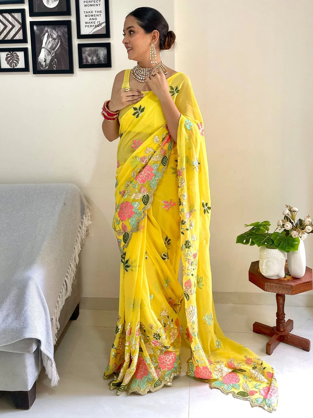Partywear Yellow Designer Georgette Sequins Saree - The Dori Store