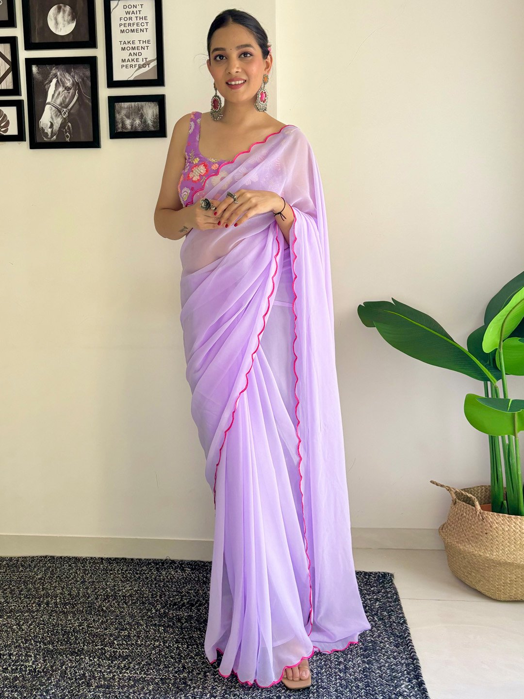 Lavendar Party Wear Georgette Embellished Saree
