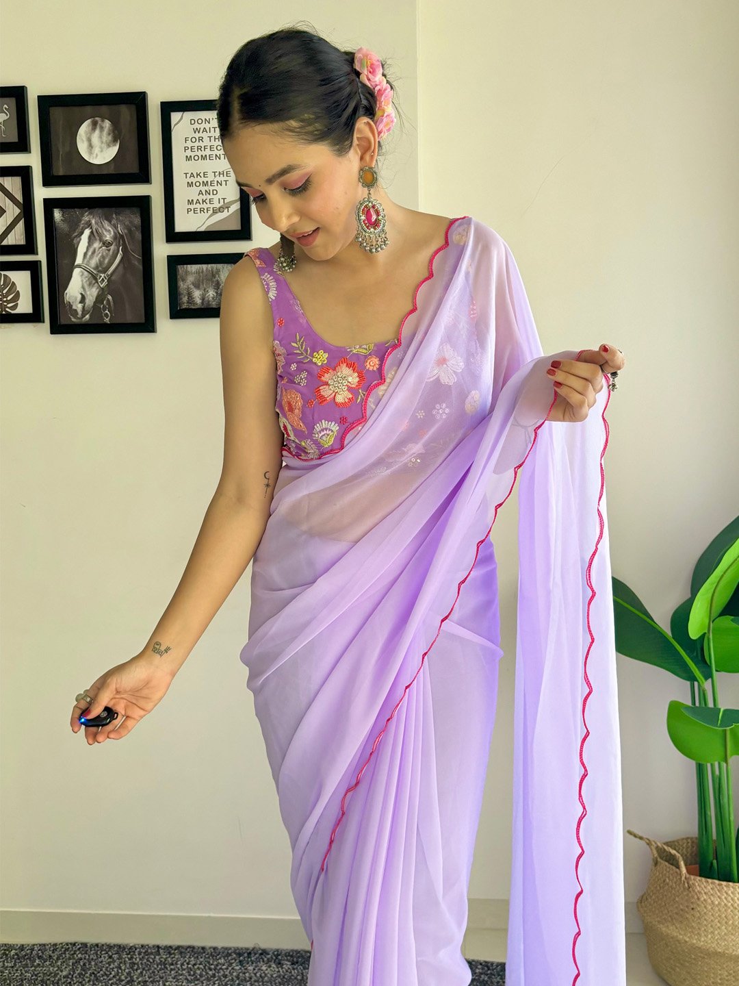 Lavendar Party Wear Georgette Embellished Saree