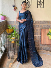 Navy Party Wear Organza Embellished Saree - The Dori Store