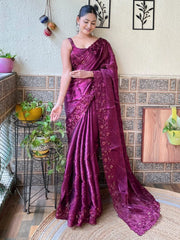 Regal Magenta Organza Embroidery Partywear Saree - The Dori Store