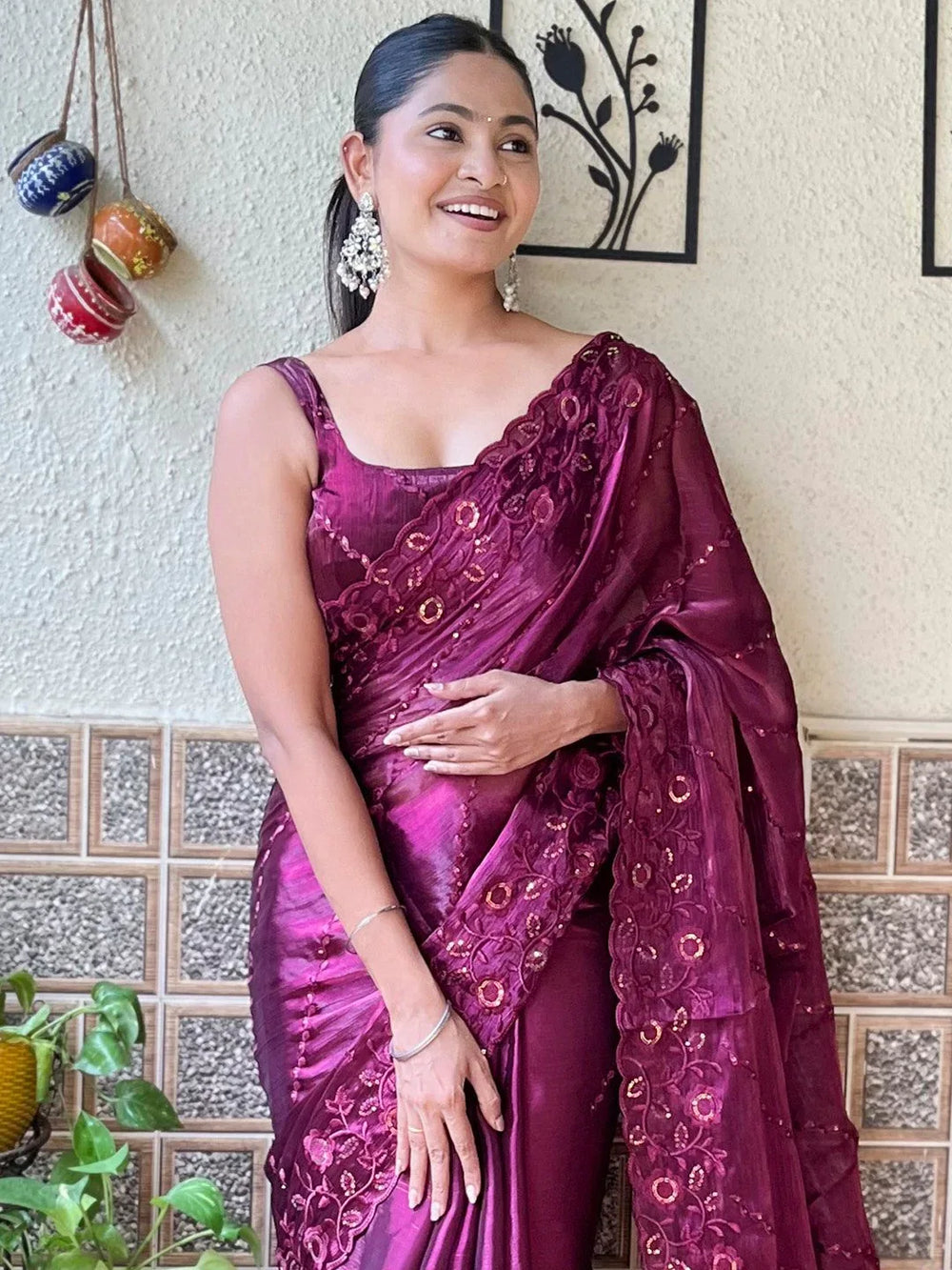 Regal Magenta Organza Embroidery Partywear Saree - The Dori Store