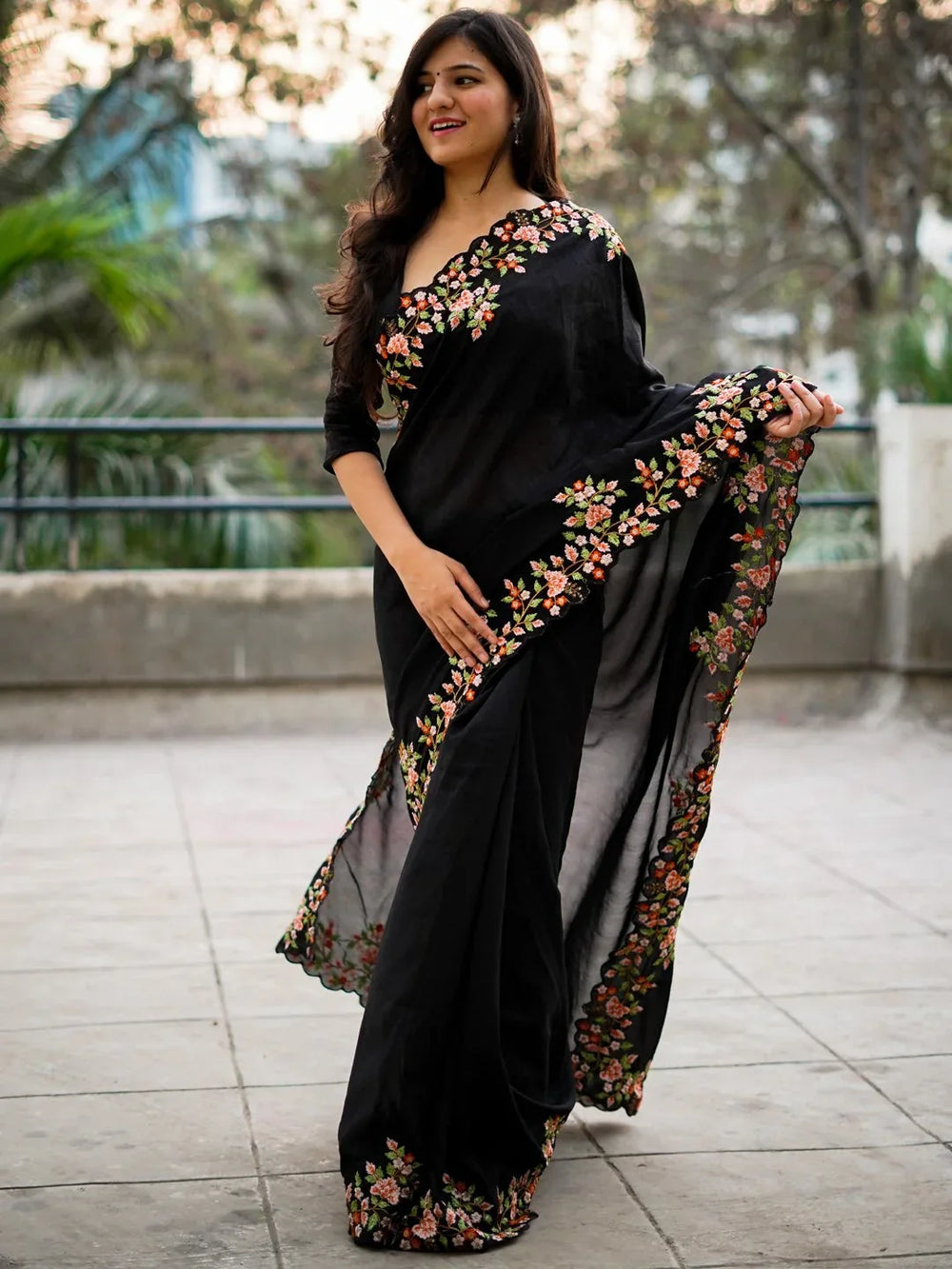 Partywear Black Designer Georgette Saree - The Dori Store