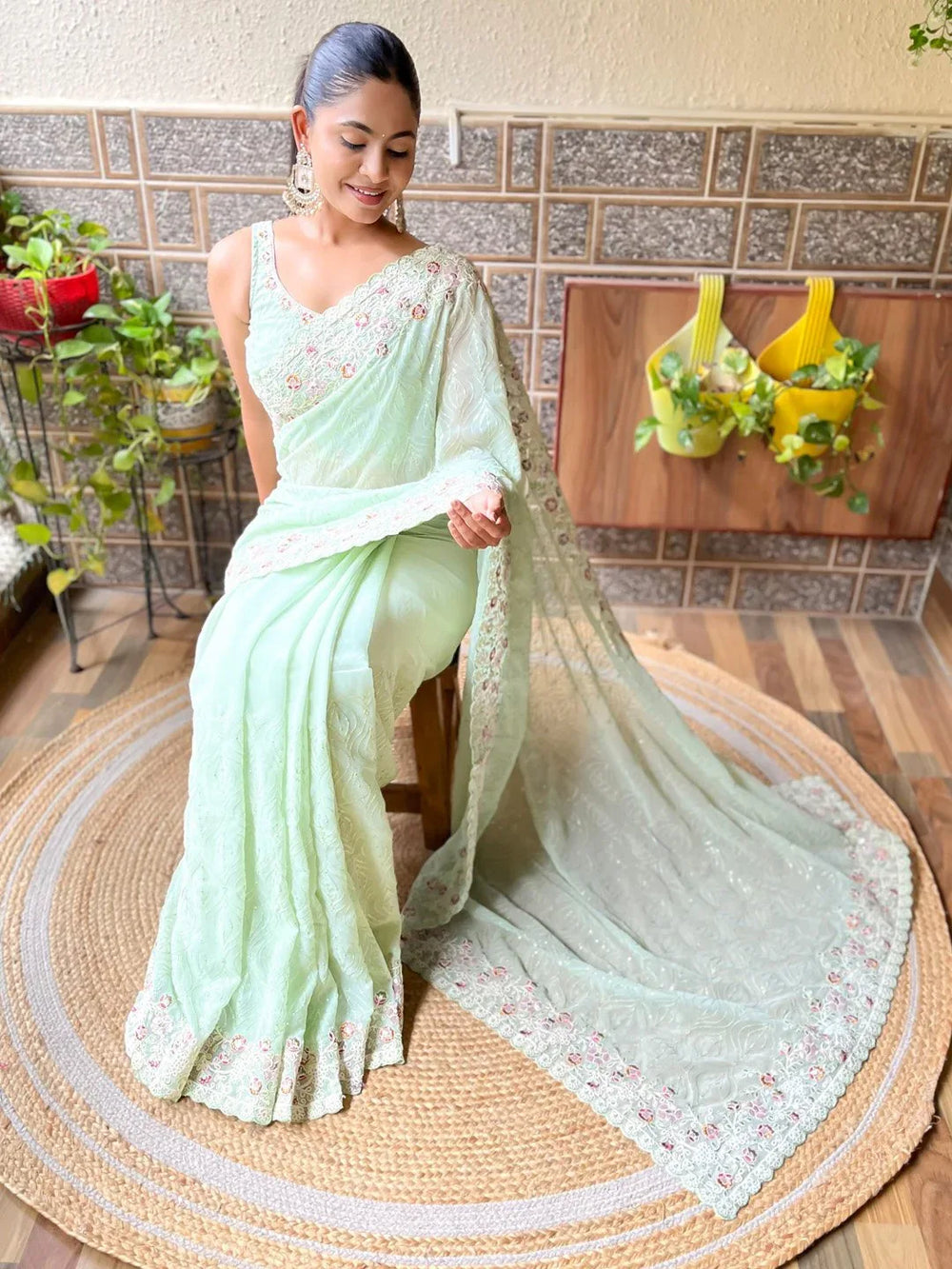 Light Party Wear Georgette Embellished Saree - The Dori Store