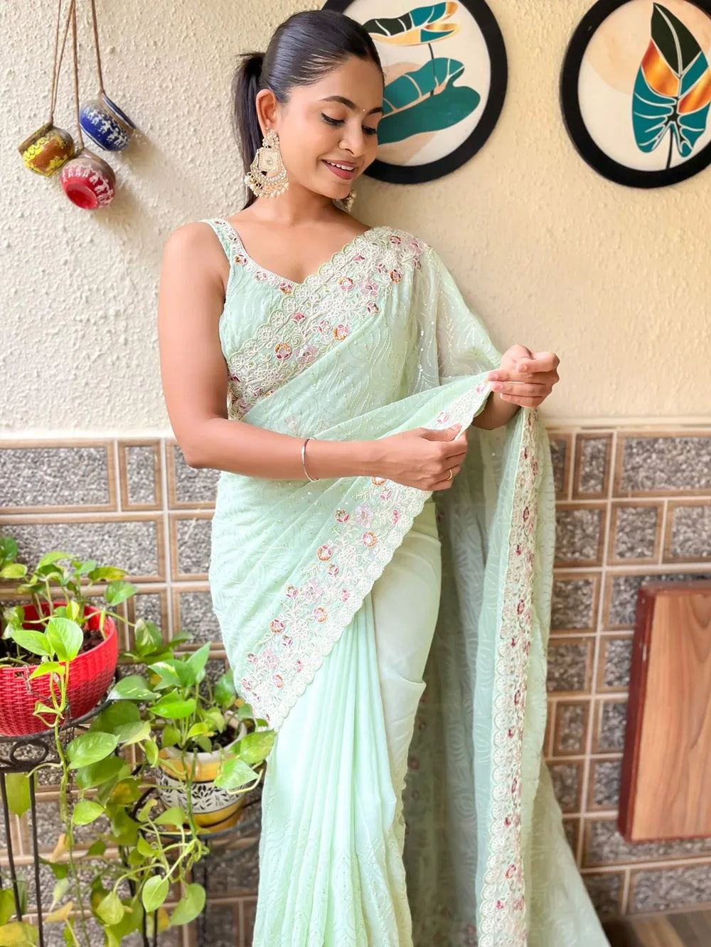 Light Party Wear Georgette Embellished Saree - The Dori Store