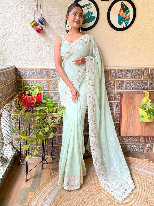 Green Light Party Wear Georgette Embellished Saree