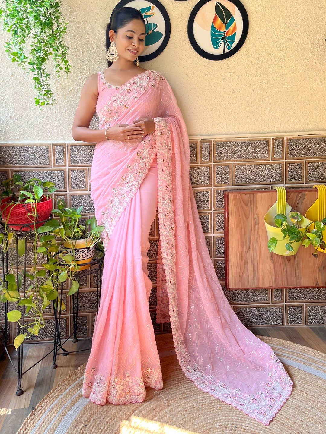 Pink Pink Party Wear Georgette Embellished Saree
