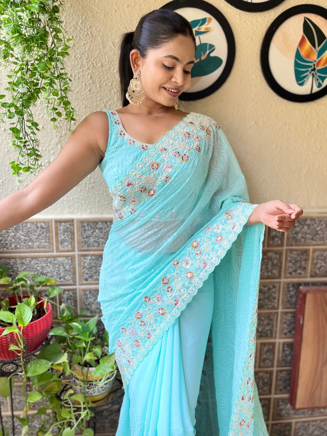 Light Party Wear Georgette Embellished Saree