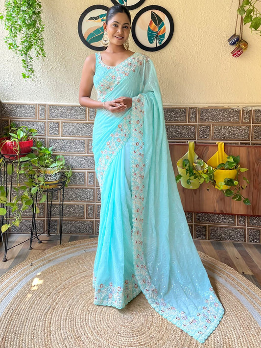 Blue Light Party Wear Georgette Embellished Saree