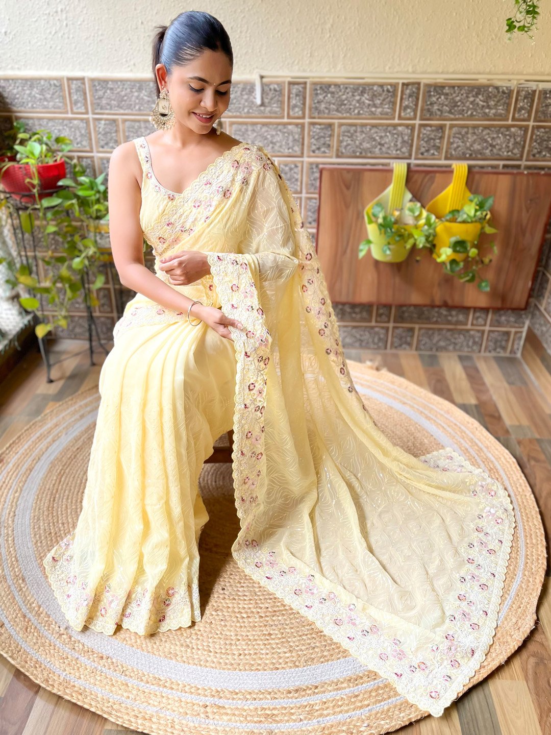 Yellow Party Wear Georgette Embellished Saree