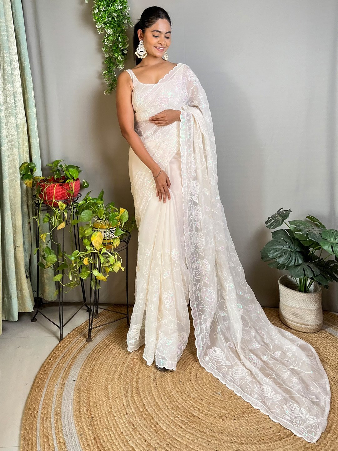 White Off Party Wear Georgette Embellished Saree