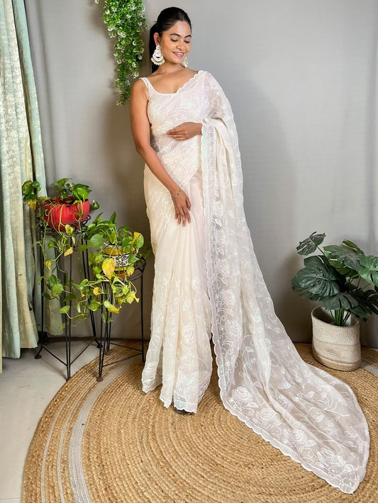 White Off Party Wear Georgette Embellished Saree