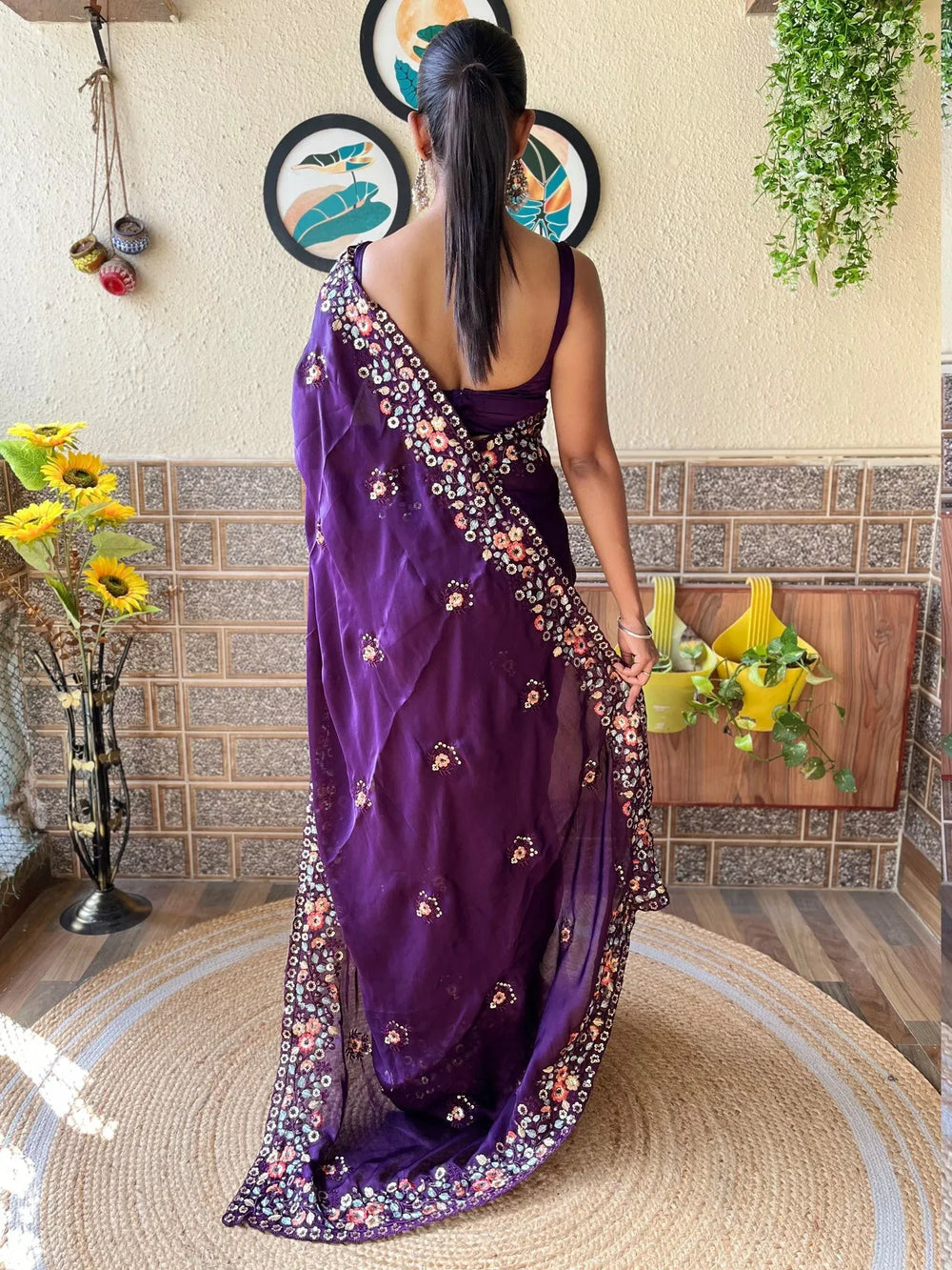 Elegant Purple Sheer Chiffon Floral Motifs Saree - The Dori Store