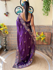 Elegant Purple Sheer Chiffon Floral Motifs Saree - The Dori Store