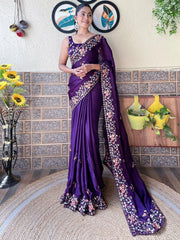 Elegant Purple Sheer Chiffon Floral Motifs Saree - The Dori Store