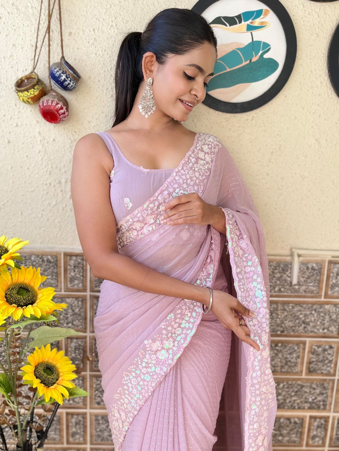 Mauve Party Wear Georgette Embellished Saree