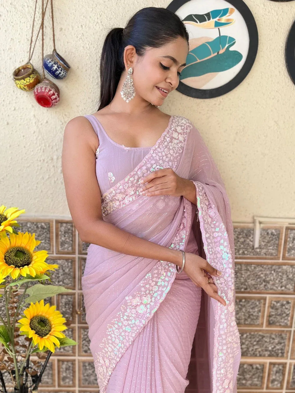 Mauve Party Wear Georgette Embellished Saree - The Dori Store