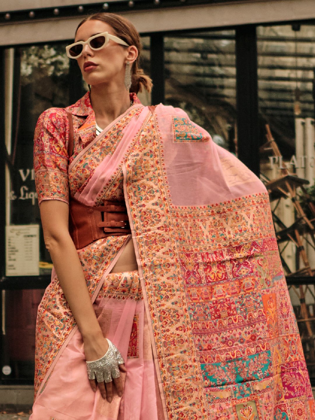 Pink Banarasi Silk Blend Woven Saree