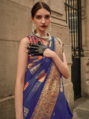 Blue Banarasi Silk Blend Woven Saree - The Dori Store