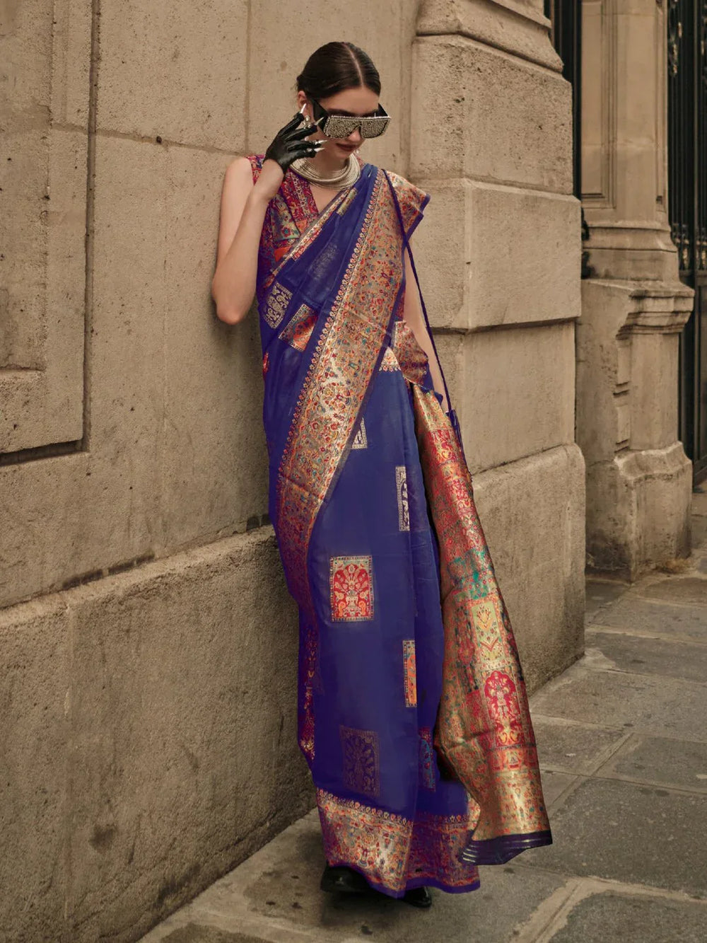 Blue Banarasi Silk Blend Woven Saree - The Dori Store