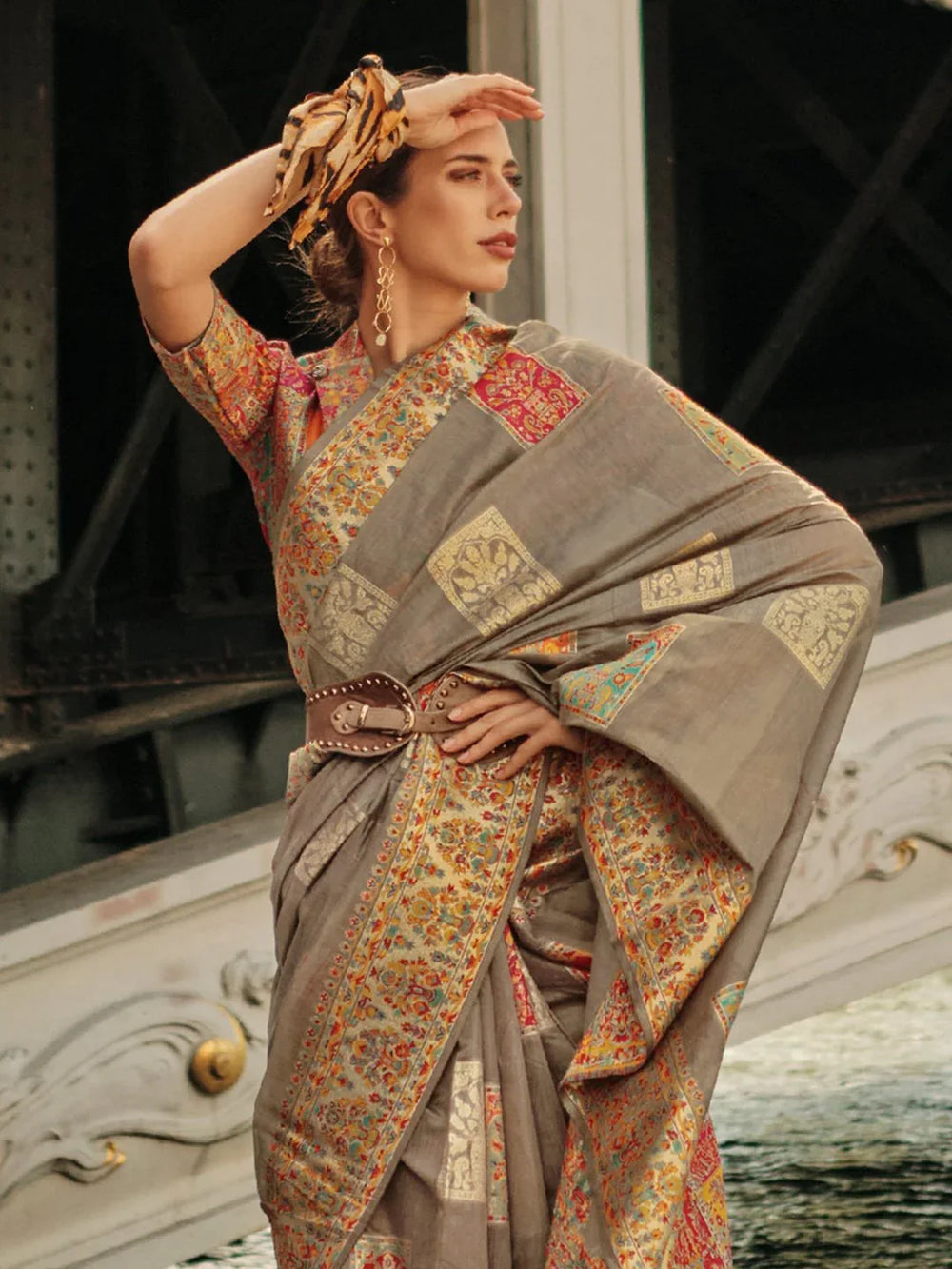 Grey Banarasi Silk Blend Woven Saree - The Dori Store