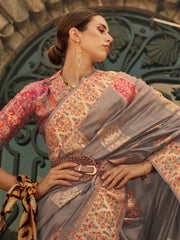 Grey Banarasi Silk Blend Woven Saree - The Dori Store