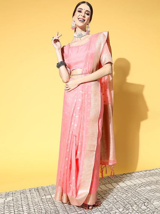 Pink LightBlue Banarasi Silk Blend Woven Saree