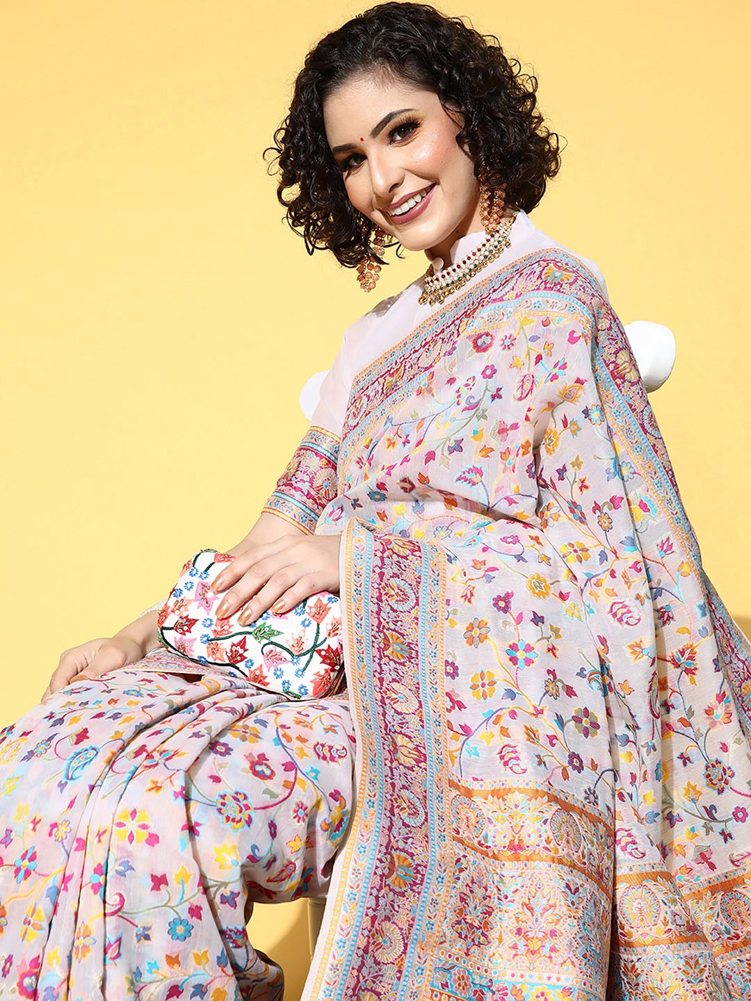 Cream Banarasi Silk Blend Woven Saree