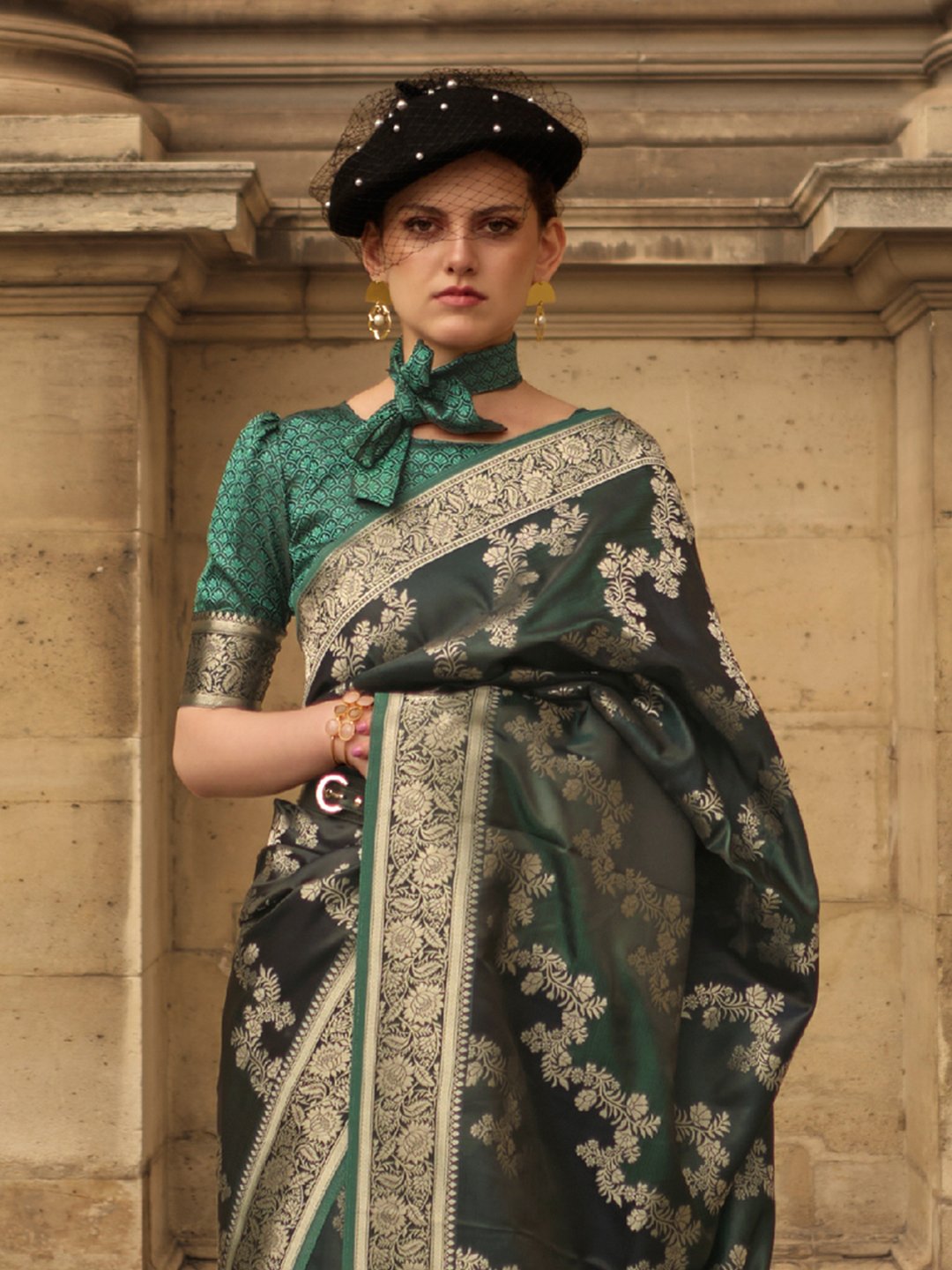 DarkGreen Banarasi Satin Silk Woven Saree
