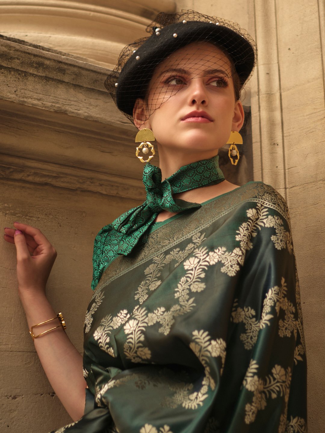 DarkGreen Banarasi Satin Silk Woven Saree