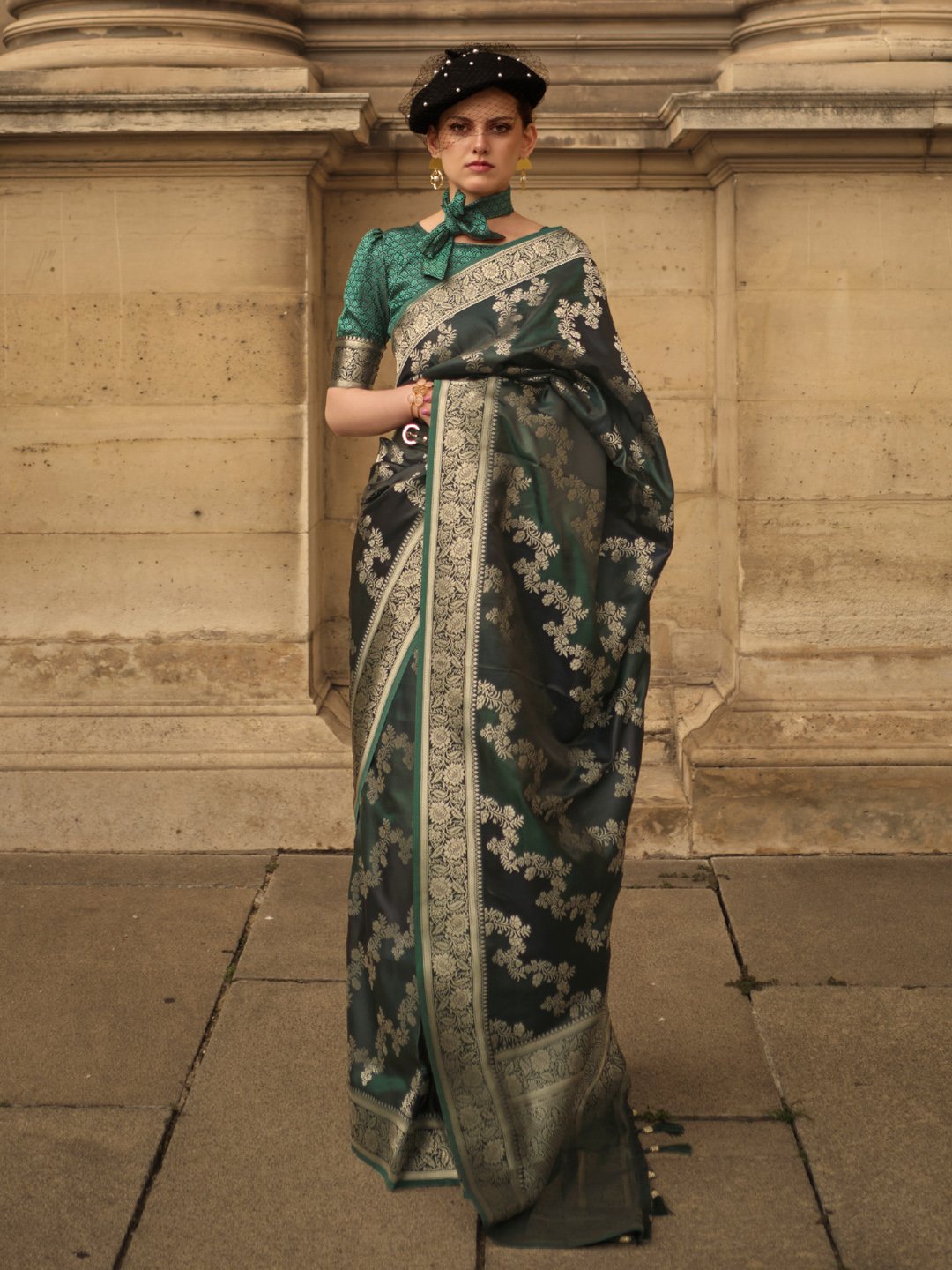 Green DarkGreen Banarasi Satin Silk Woven Saree