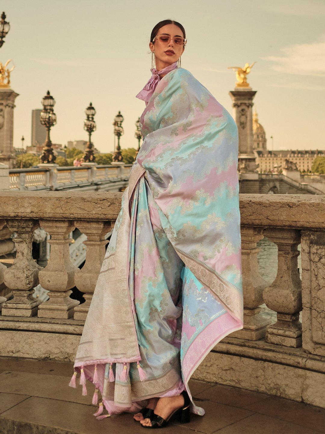 Blue LightBlue Banarasi Satin Silk Woven Saree