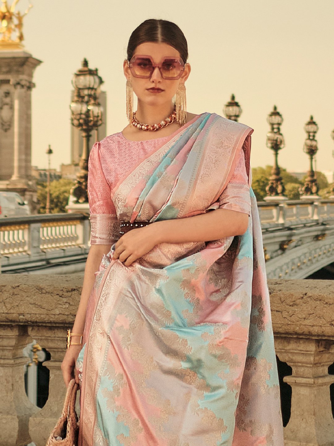 Peach Banarasi Satin Silk Woven Saree
