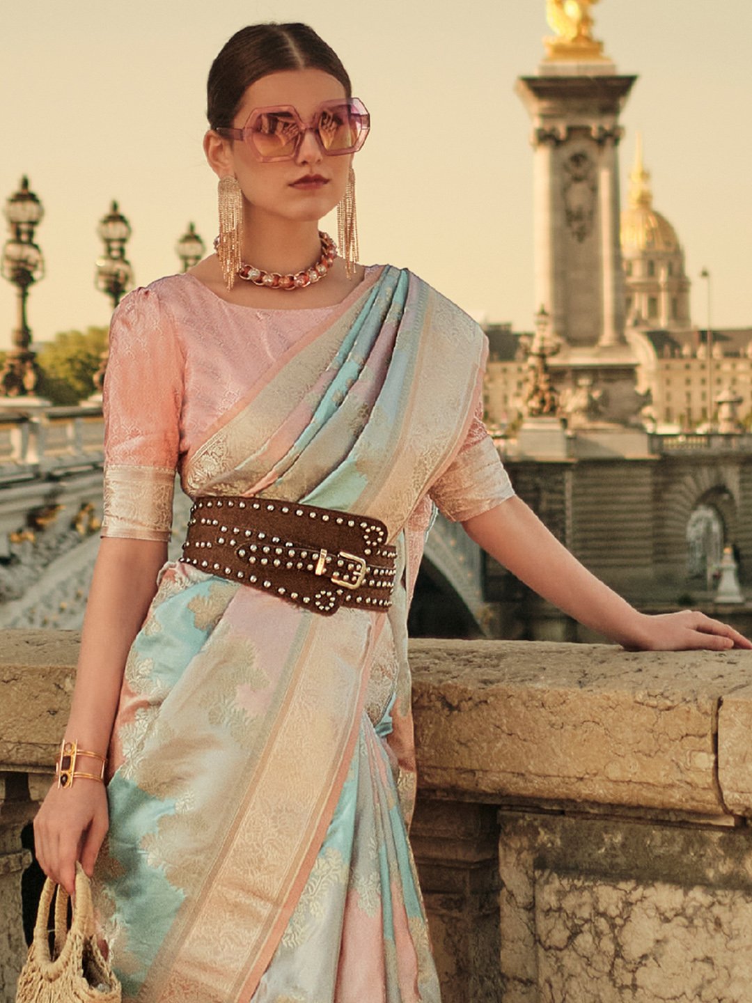 Peach Banarasi Satin Silk Woven Saree