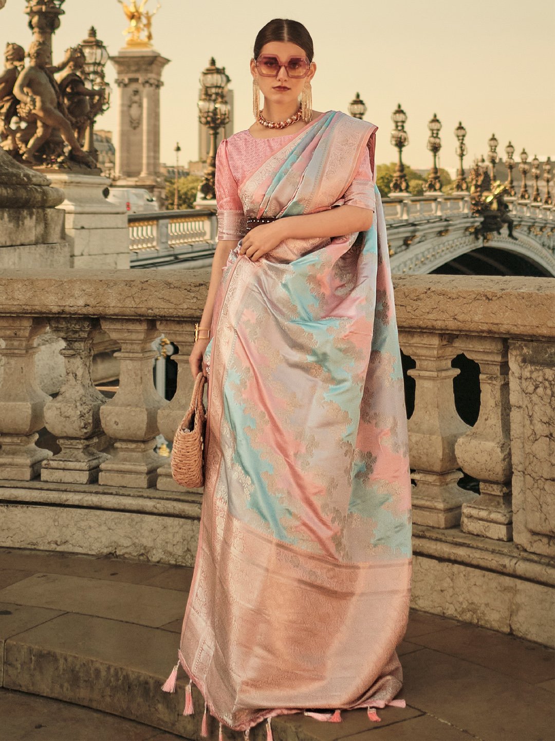 Pink Peach Banarasi Satin Silk Woven Saree