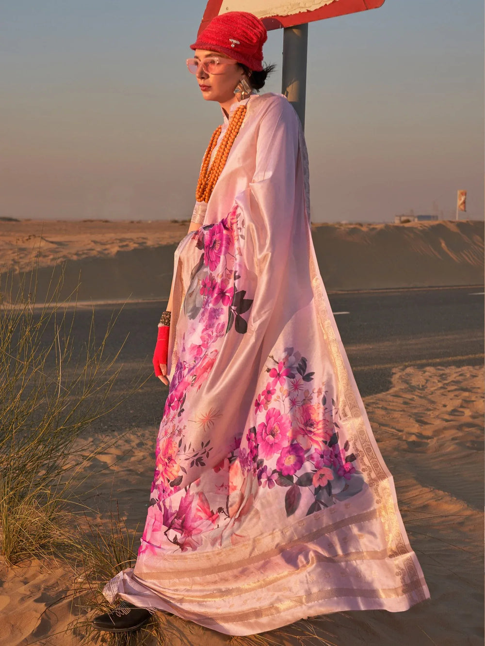 Light Pink Tussar Printed Silk Saree - The Dori Store