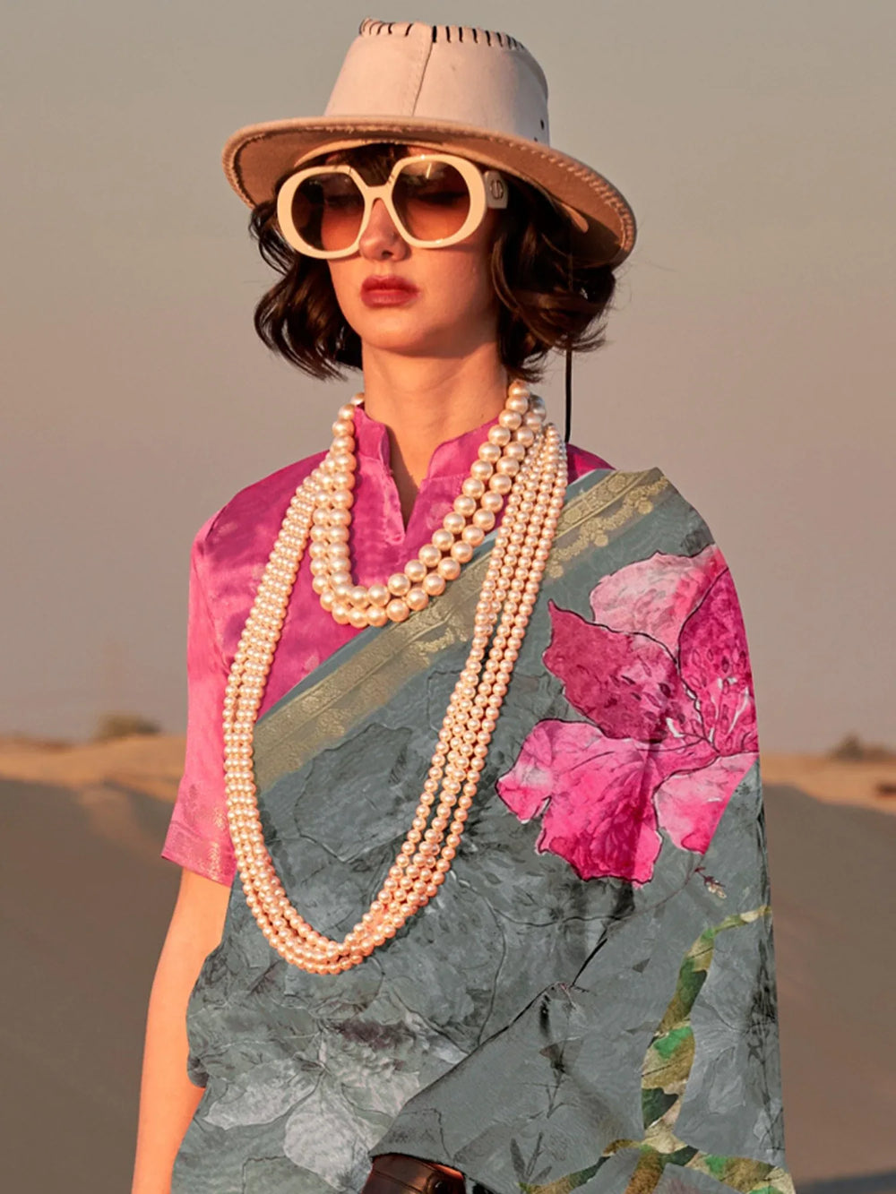 Pinkish Grey Tussar Printed Silk Saree - The Dori Store