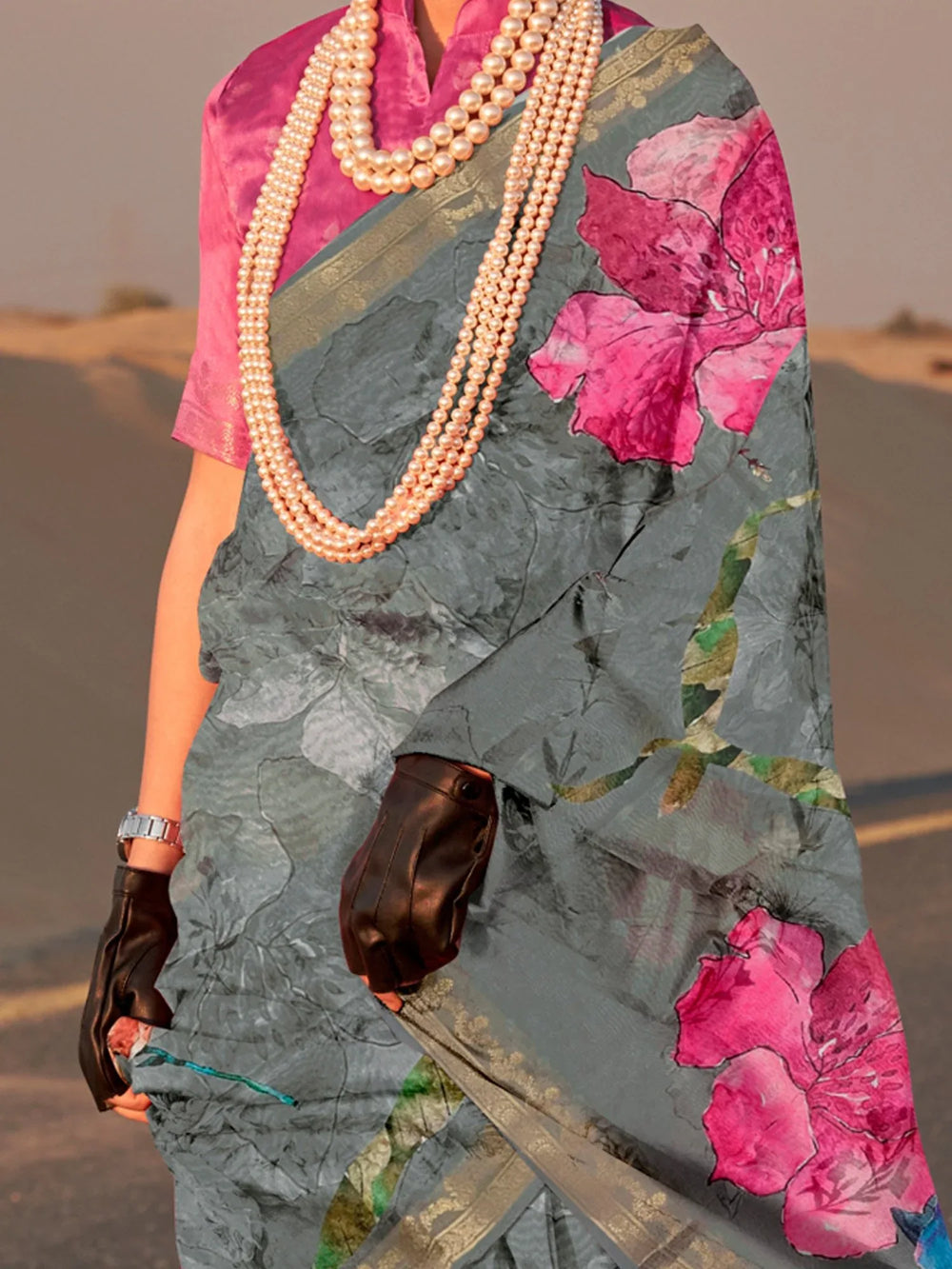 Pinkish Grey Tussar Printed Silk Saree - The Dori Store