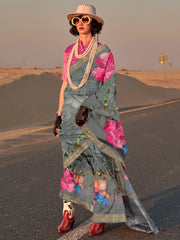 Pinkish Grey Tussar Printed Silk Saree - The Dori Store