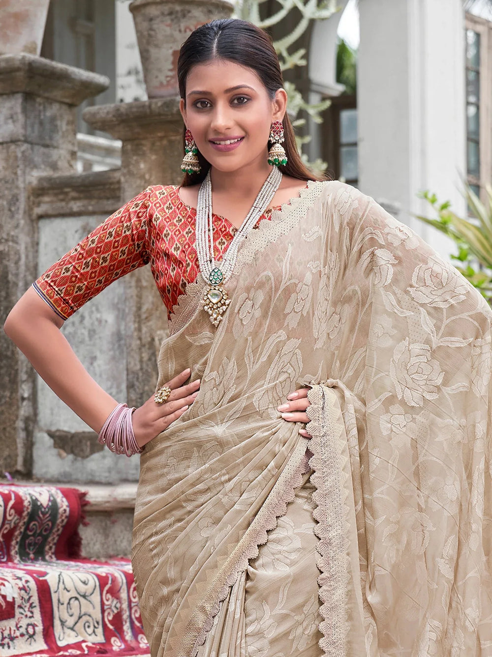 Beige Cream Printed Chiffon Saree - The Dori Store