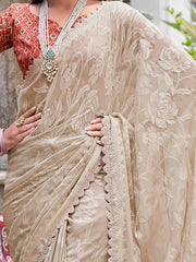 Beige Cream Printed Chiffon Saree - The Dori Store