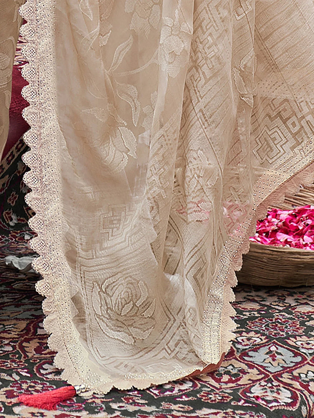 Beige Cream Printed Chiffon Saree - The Dori Store