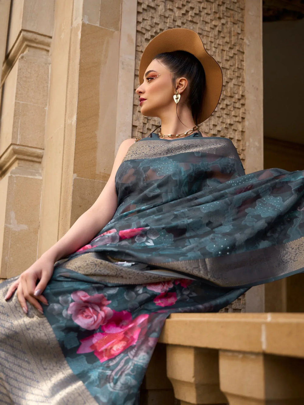 Teal Green Border Brasso Poly Printed Saree - The Dori Store